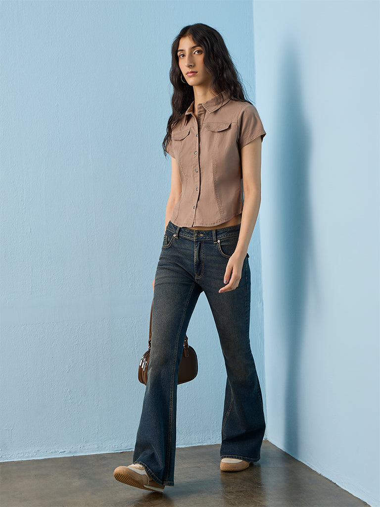 Nuon Taupe Solid Cotton-Blend Shirt