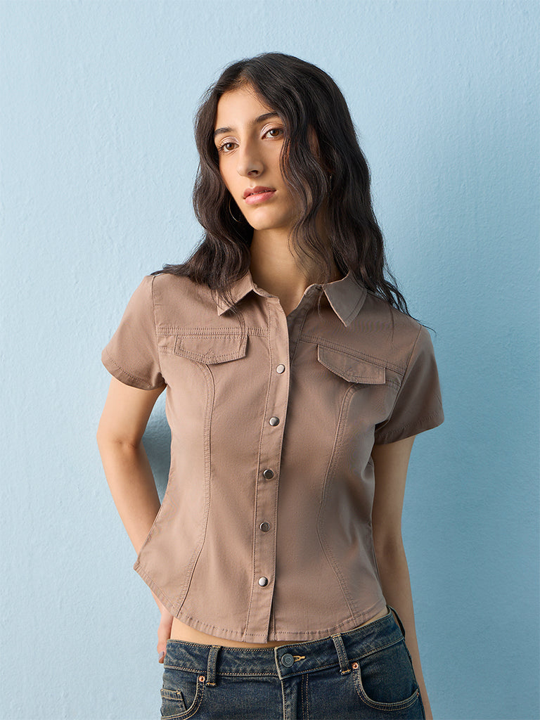 Nuon Taupe Solid Cotton-Blend Shirt