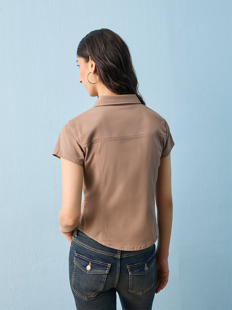 Nuon Taupe Solid Cotton-Blend Shirt