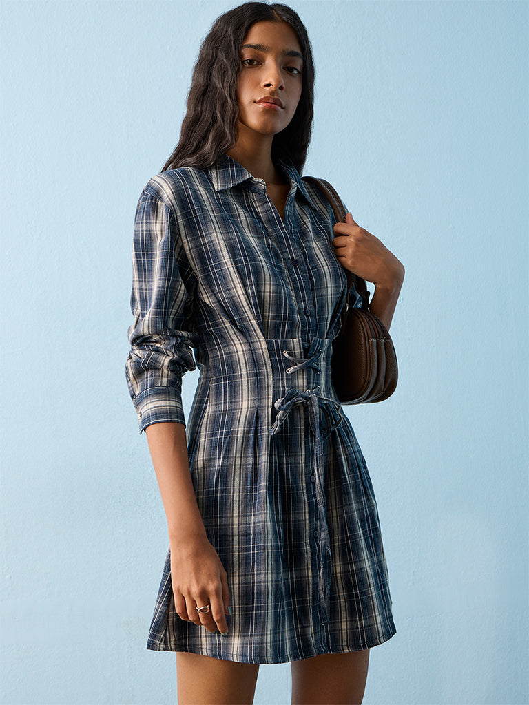 Nuon Navy Checkered Cotton Shirt Dress