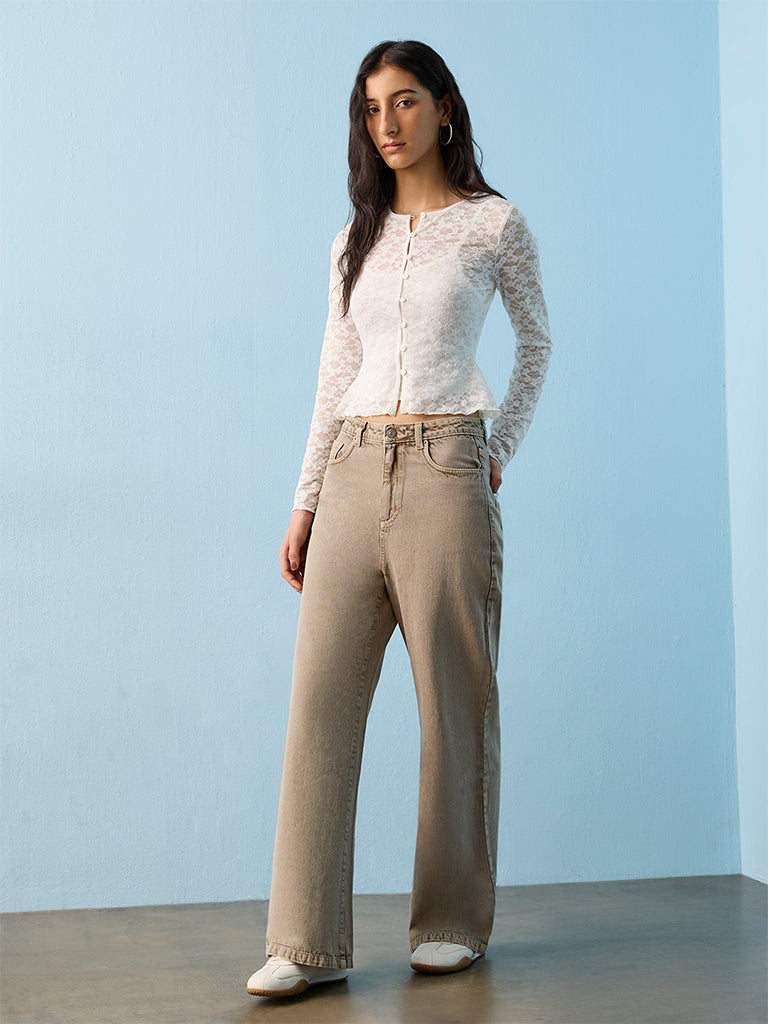 Nuon Taupe Lace Detail High-Rise Jeans
