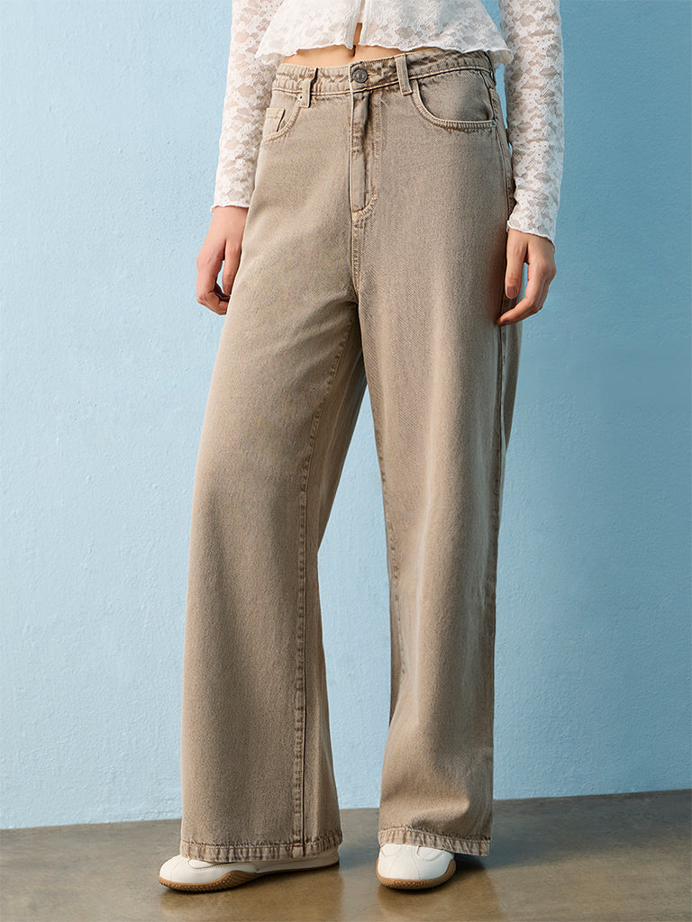 Nuon Taupe Lace Detail High-Rise Jeans