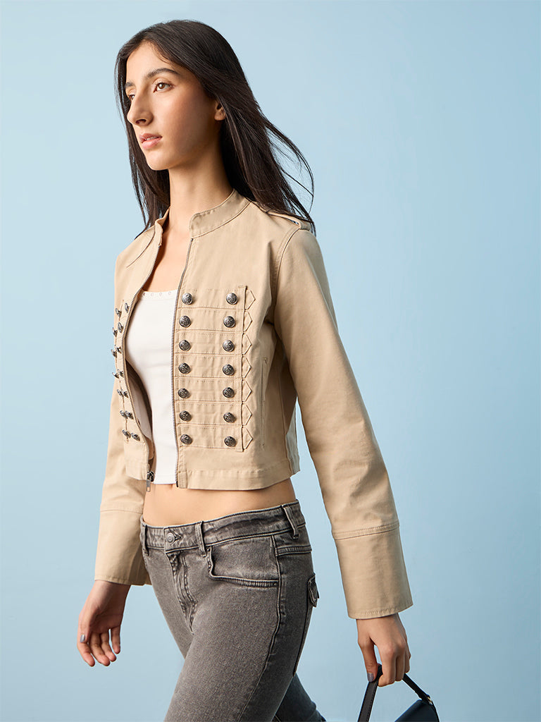 Nuon Beige Military-Inspired Denim Jacket