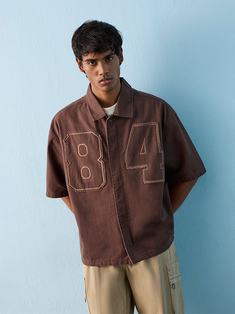 Nuon Brown Numerical Design Relaxed-Fit Cotton Shirt