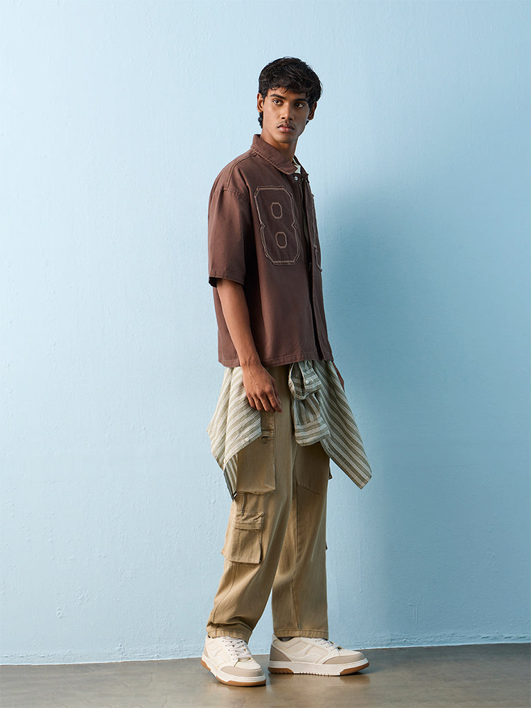 Nuon Brown Numerical Design Relaxed-Fit Cotton Shirt