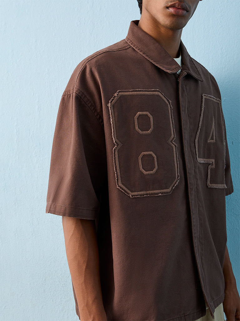 Nuon Brown Numerical Design Relaxed-Fit Cotton Shirt