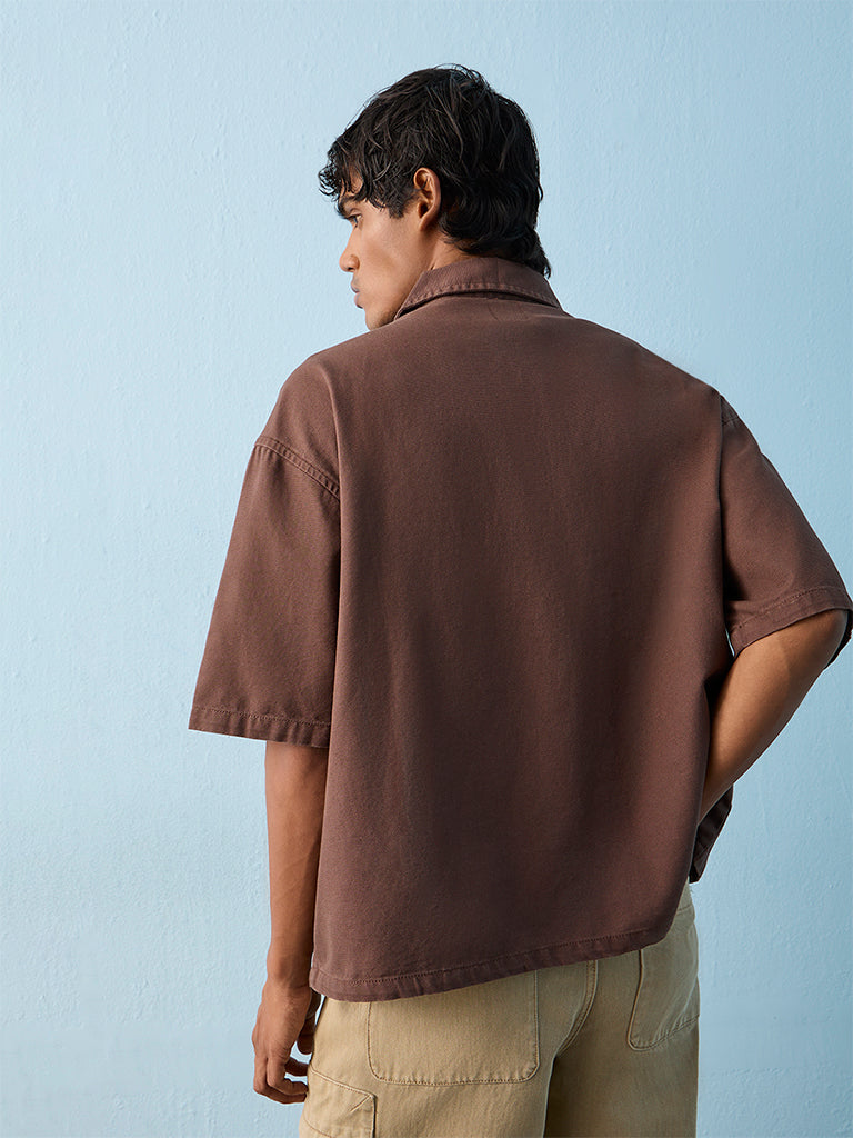 Nuon Brown Numerical Design Relaxed-Fit Cotton Shirt