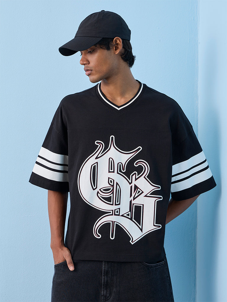 Nuon Black Printed Oversized Cotton T-Shirt