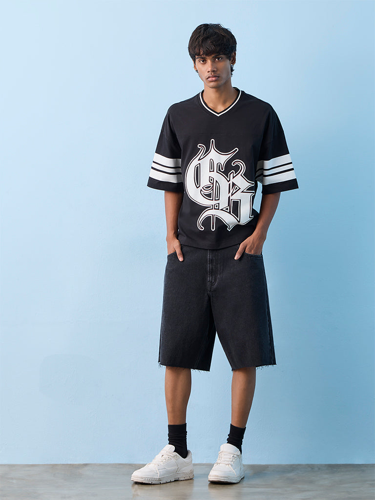 Nuon Black Printed Oversized Cotton T-Shirt