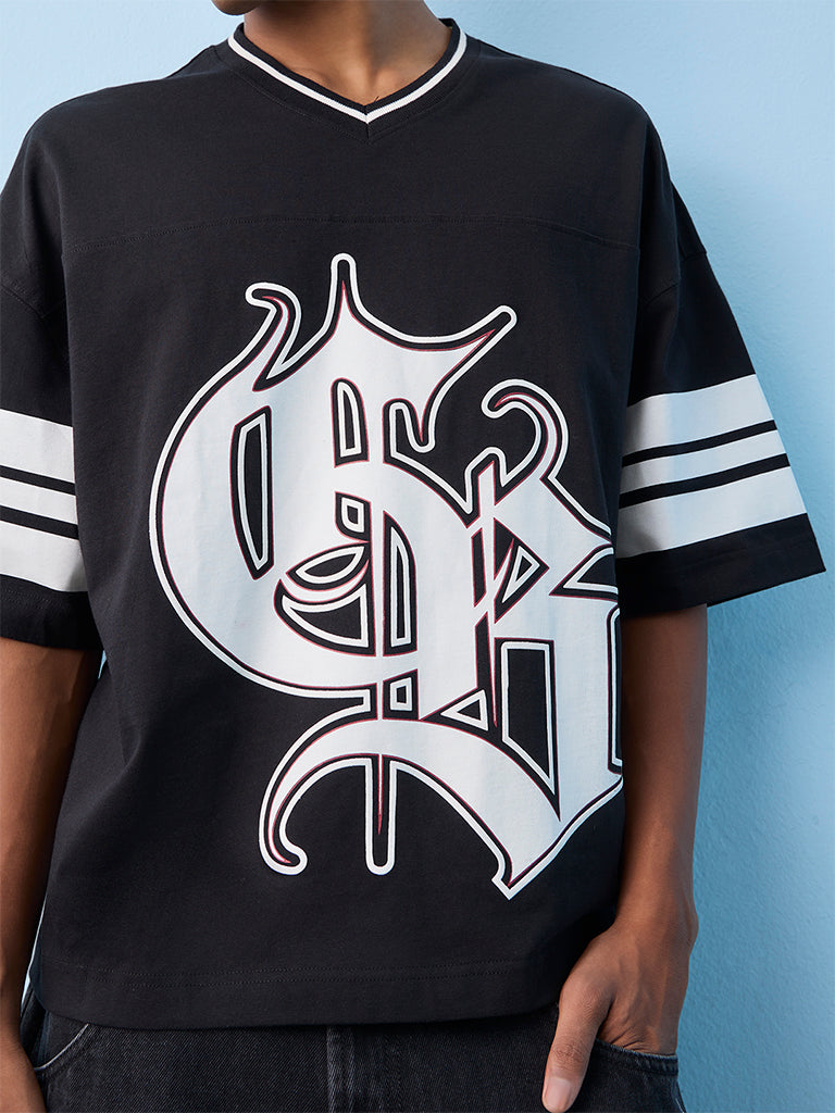 Nuon Black Printed Oversized Cotton T-Shirt
