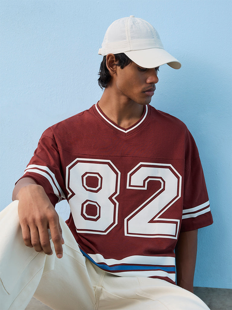 Nuon Red Numerical-Printed Oversized Cotton T-Shirt