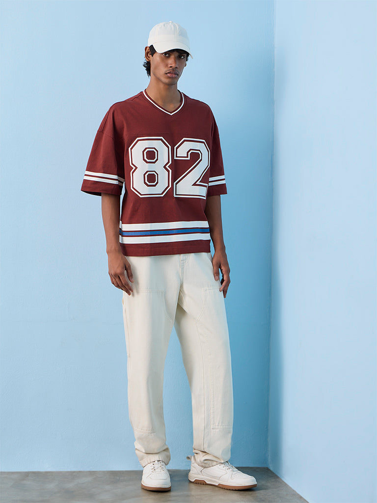 Nuon Red Numerical-Printed Oversized Cotton T-Shirt