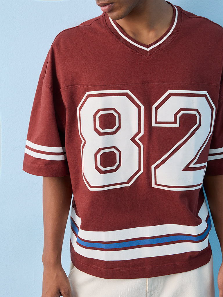 Nuon Red Numerical-Printed Oversized Cotton T-Shirt