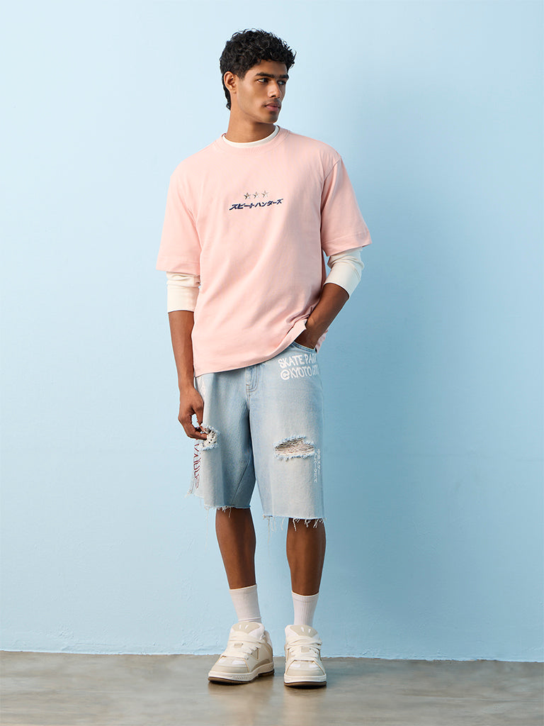 Nuon Light Pink Japanese-Text Printed Relaxed-Fit Cotton T-Shirt