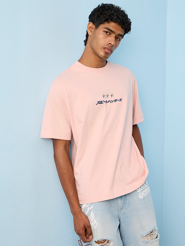 Nuon Light Pink Japanese-Text Printed Relaxed-Fit Cotton T-Shirt