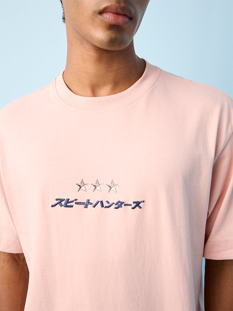 Nuon Light Pink Japanese-Text Printed Relaxed-Fit Cotton T-Shirt