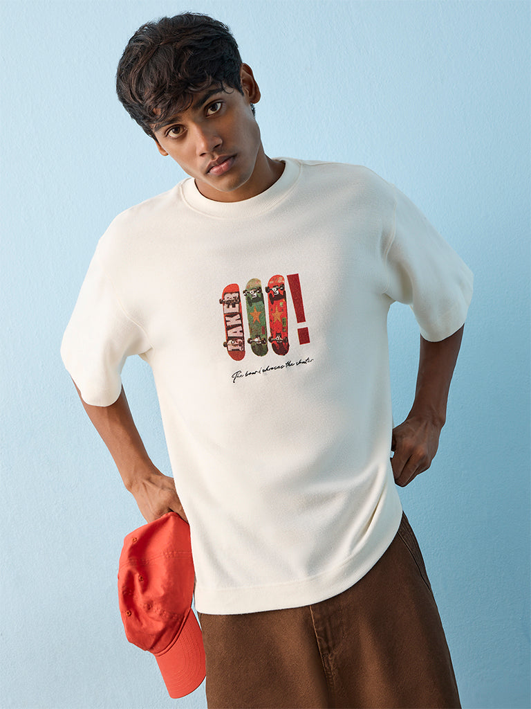 Nuon Off-White Skateboard-Theme Relaxed-Fit Cotton T-Shirt