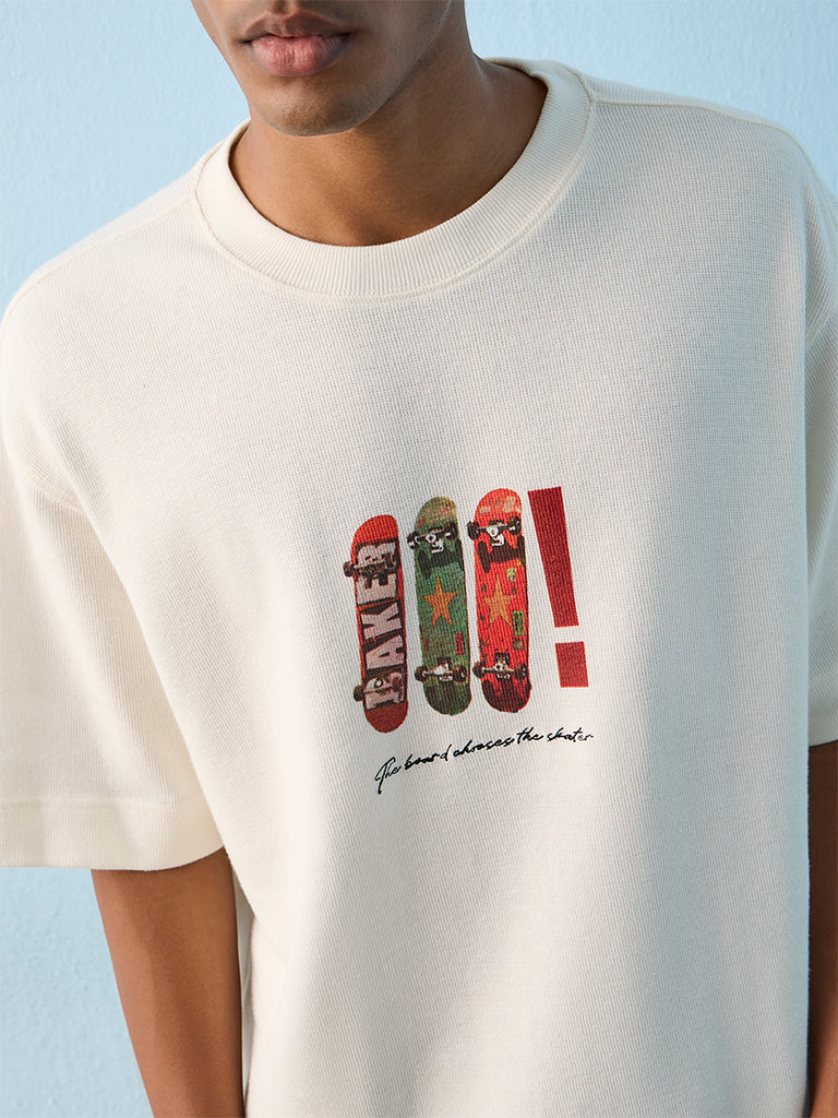 Nuon Off-White Skateboard-Theme Relaxed-Fit Cotton T-Shirt