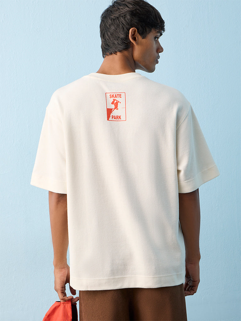 Nuon Off-White Skateboard-Theme Relaxed-Fit Cotton T-Shirt