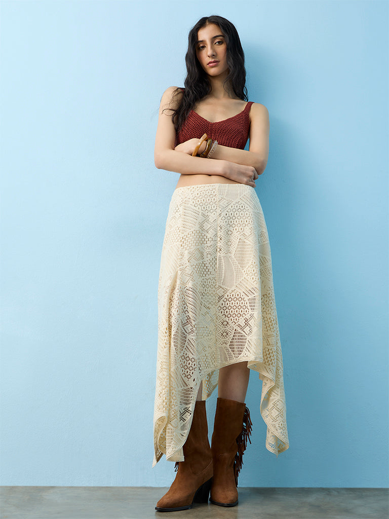 Bombay Paisley Off-White Lace High-Rise Cotton-Blend Skirt