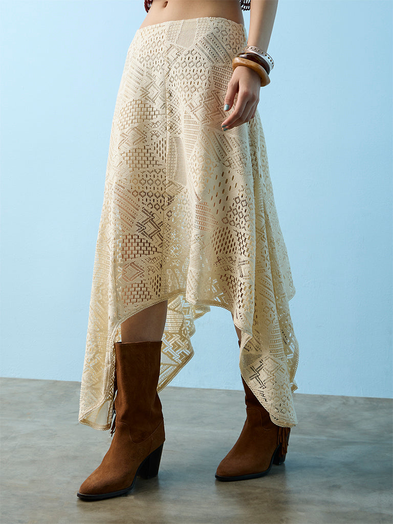 Bombay Paisley Off-White Lace High-Rise Cotton-Blend Skirt