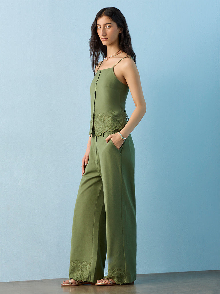 Bombay Paisley Green Embroidered Cotton Pants