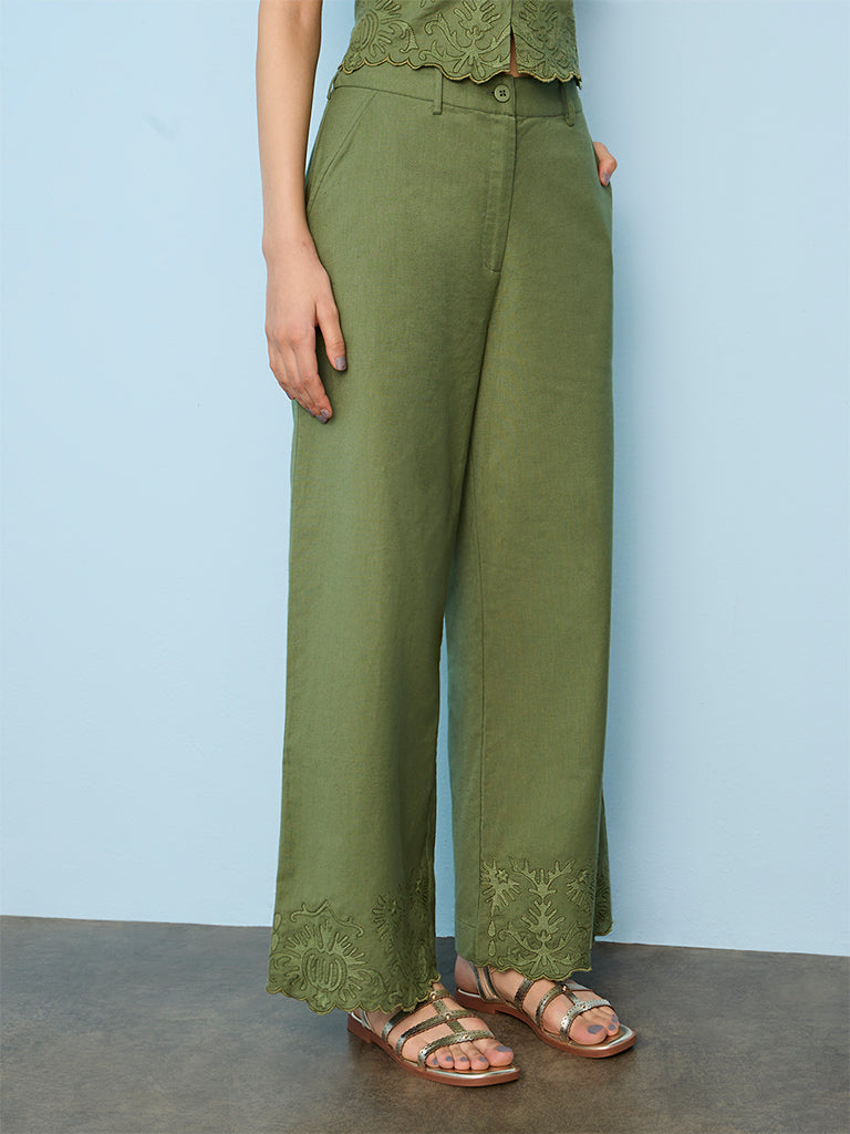 Bombay Paisley Green Embroidered Cotton Pants