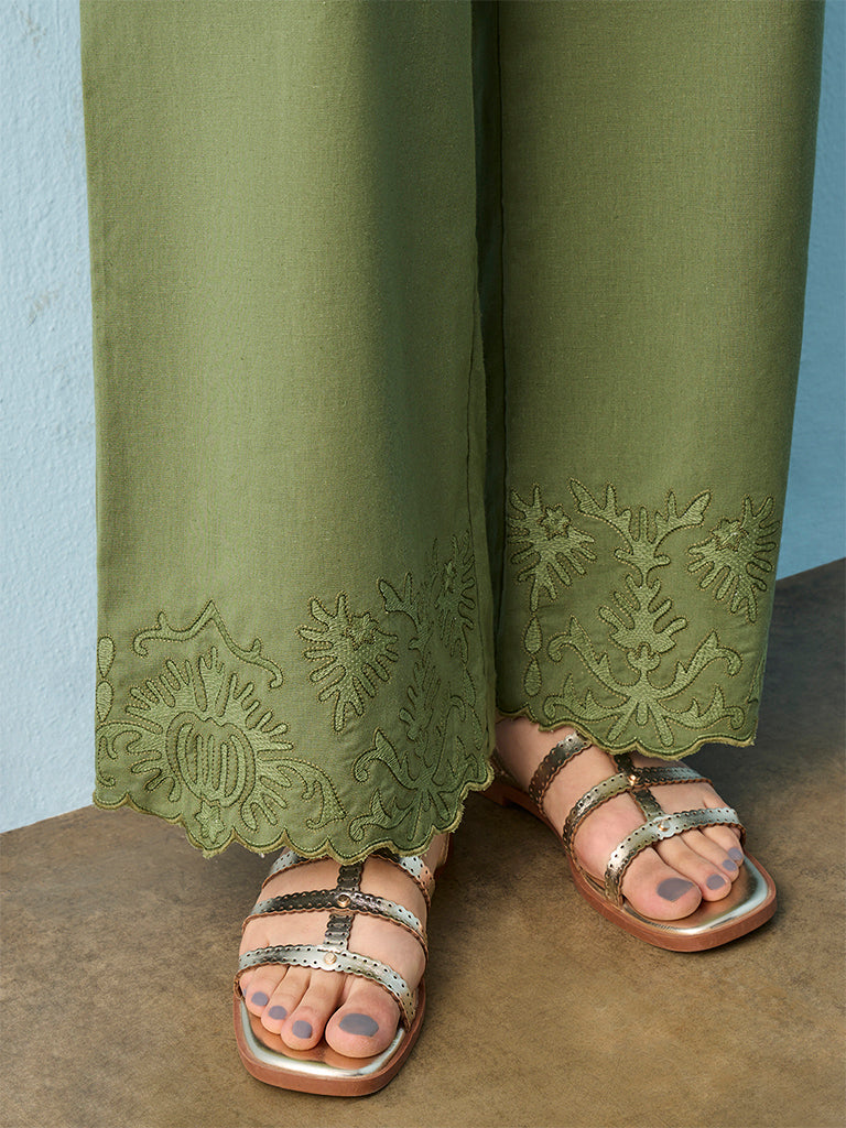 Bombay Paisley Green Embroidered Cotton Pants
