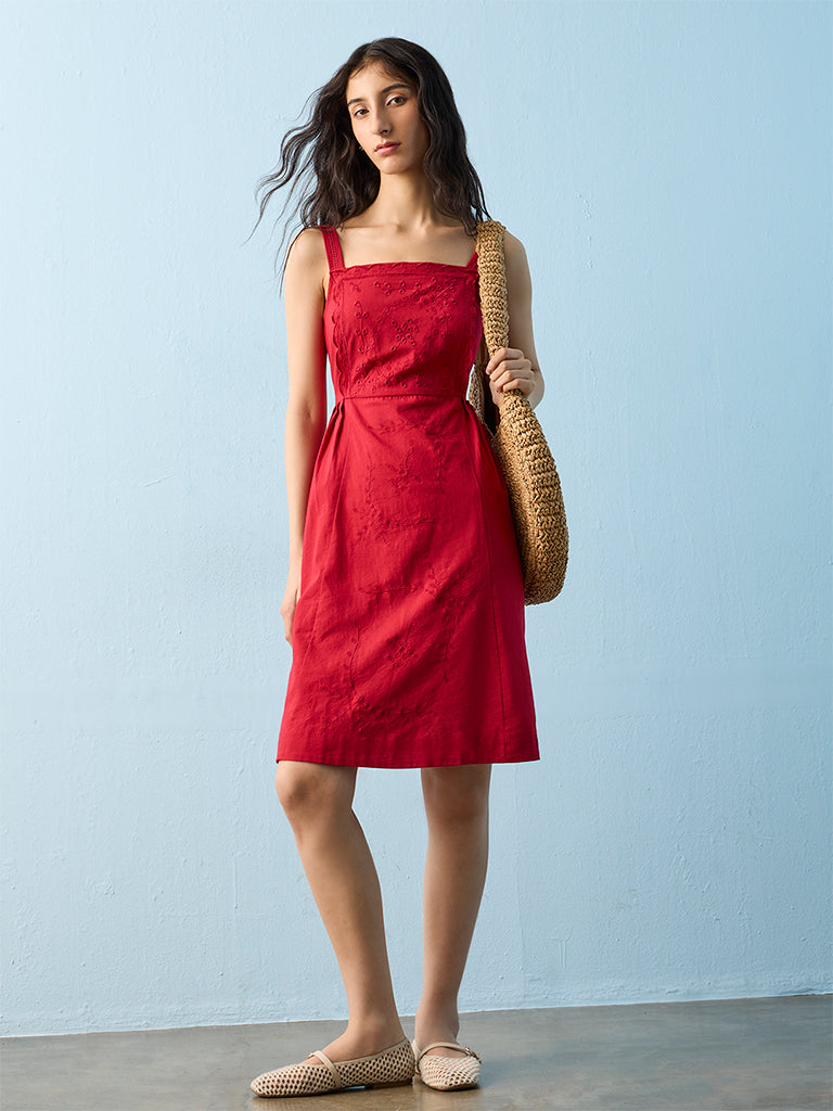Bombay Paisley Red Schiffli Embroidered Cotton-Blend A-Line Dress