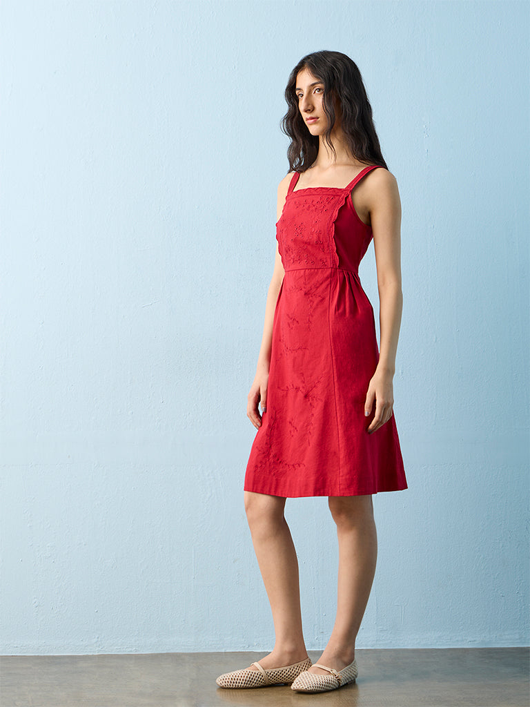 Bombay Paisley Red Schiffli Embroidered Cotton-Blend A-Line Dress