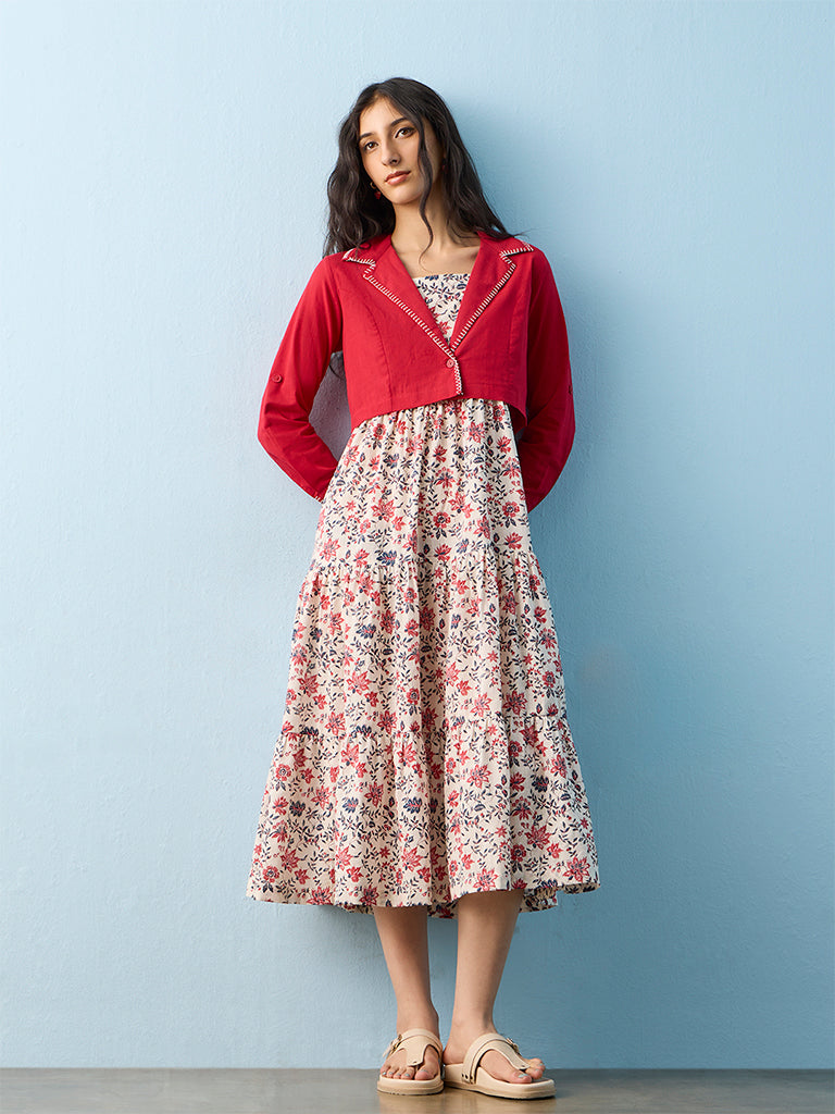 Bombay Paisley White Floral Pattern Cotton A-Line Dress with Jacket
