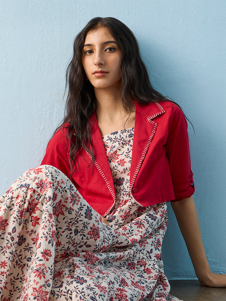 Bombay Paisley White Floral Pattern Cotton A-Line Dress with Jacket