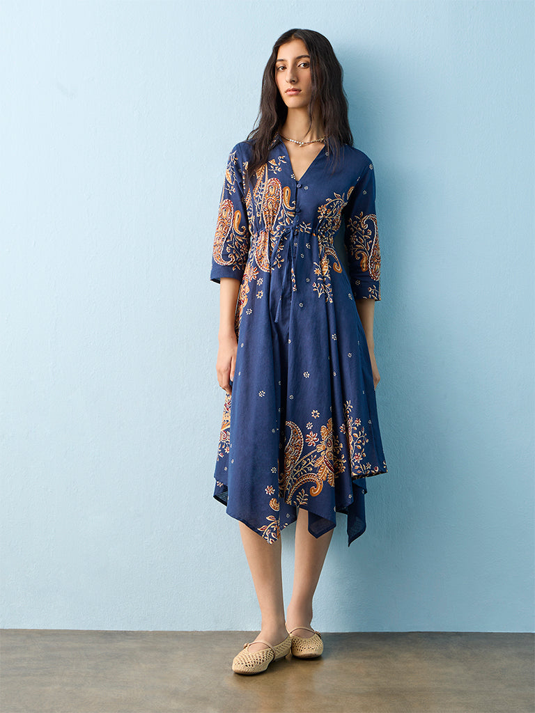 Bombay Paisley Navy Paisley Design Cotton High-Low Dress