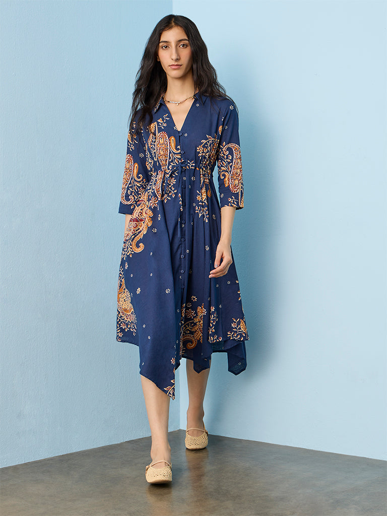 Bombay Paisley Navy Paisley Design Cotton High-Low Dress