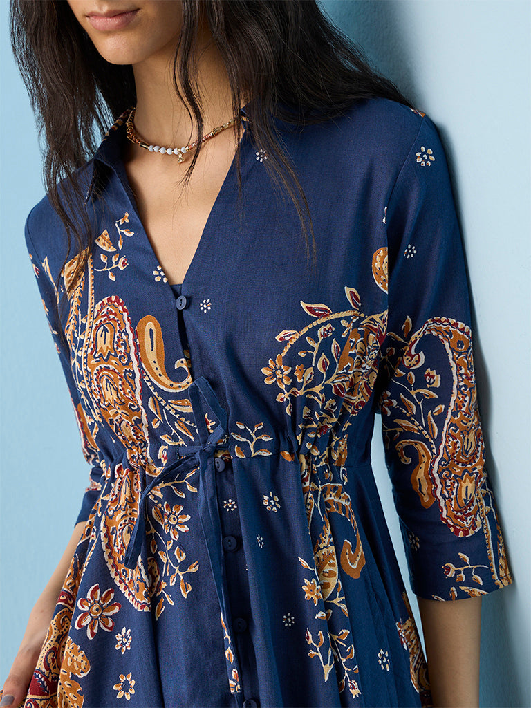 Bombay Paisley Navy Paisley Design Cotton High-Low Dress