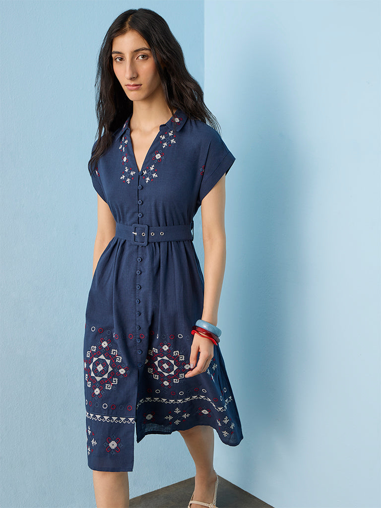 Bombay Paisley Navy Embroidered Cotton Shirt Dress