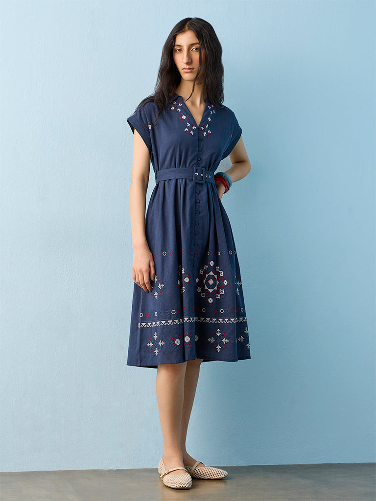 Bombay Paisley Navy Embroidered Cotton Shirt Dress