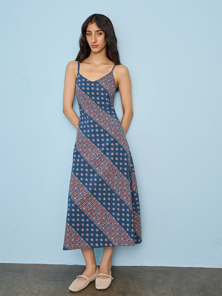 Bombay Paisley Blue Floral Printed Cotton A-Line Dress