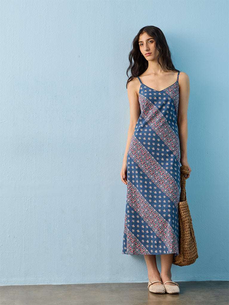 Bombay Paisley Blue Floral Printed Cotton A-Line Dress