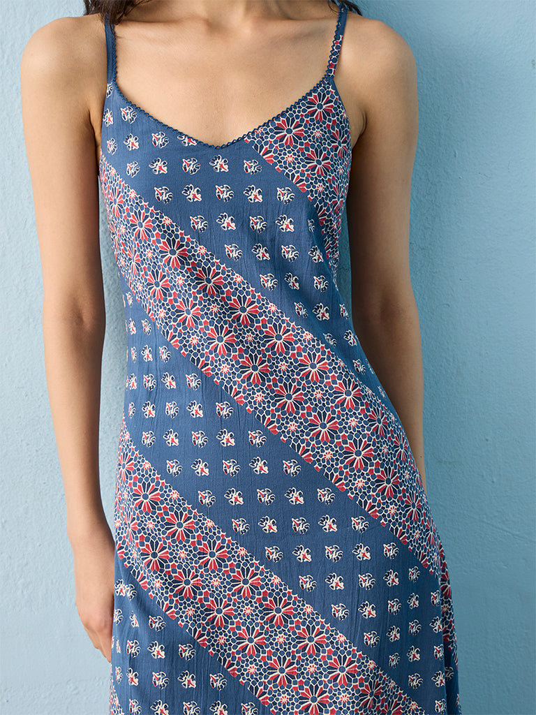 Bombay Paisley Blue Floral Printed Cotton A-Line Dress