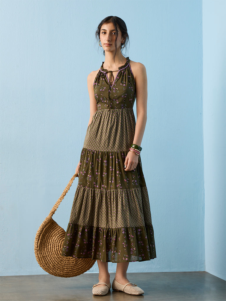 Bombay Paisley Green Floral Printed Cotton-Blend Tiered Dress