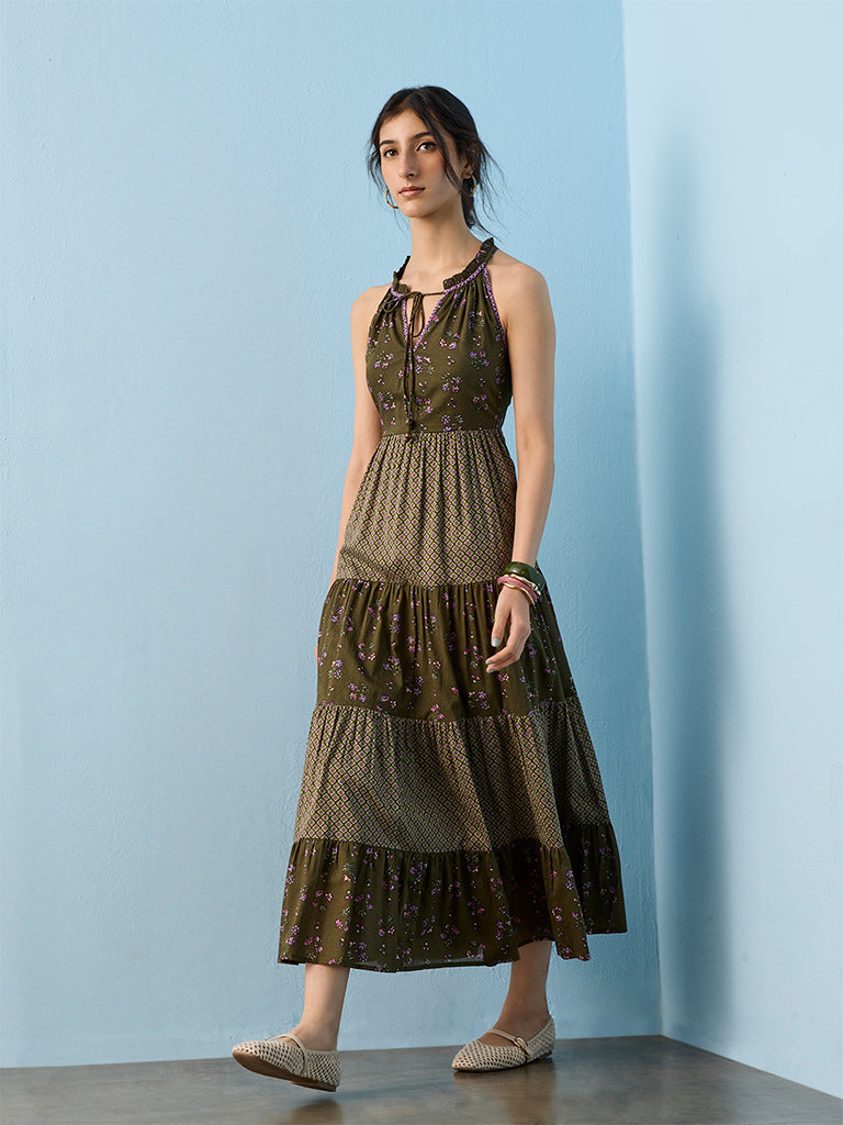 Bombay Paisley Green Floral Printed Cotton-Blend Tiered Dress