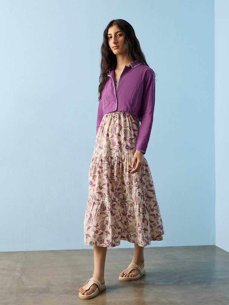 Bombay Paisley Off-White Floral Printed Cotton Tiered Dress with Jacket