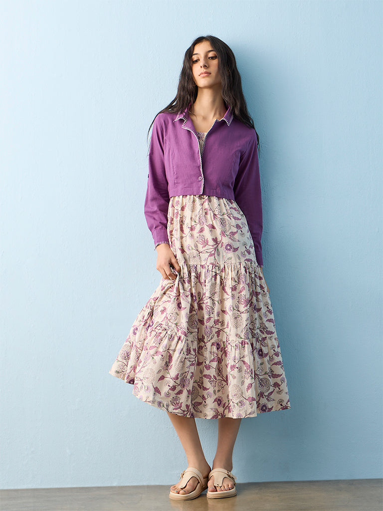 Bombay Paisley Off-White Floral Printed Cotton Tiered Dress with Jacket