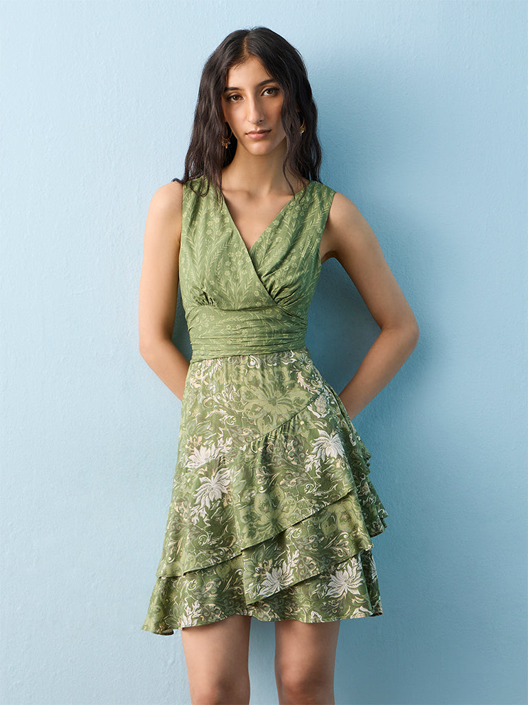 Bombay Paisley Green Floral Printed A-Line Cotton Dress