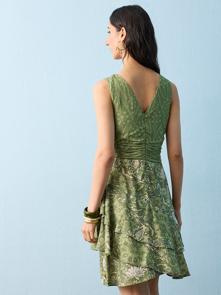 Bombay Paisley Green Floral Printed A-Line Cotton Dress