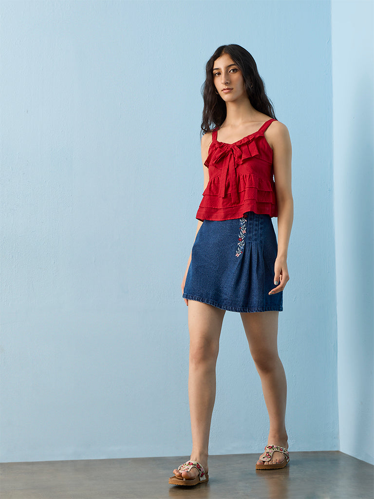 Bombay Paisley Blue Floral Embroidered High-Rise Denim Skirt