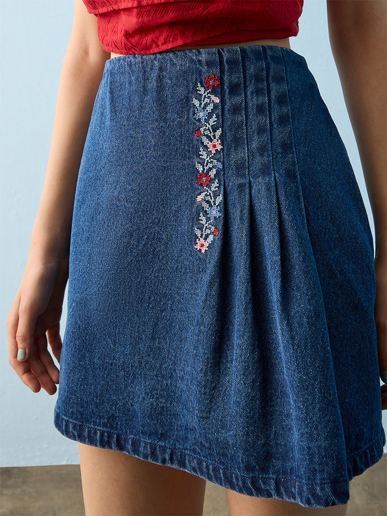 Bombay Paisley Blue Floral Embroidered High-Rise Denim Skirt