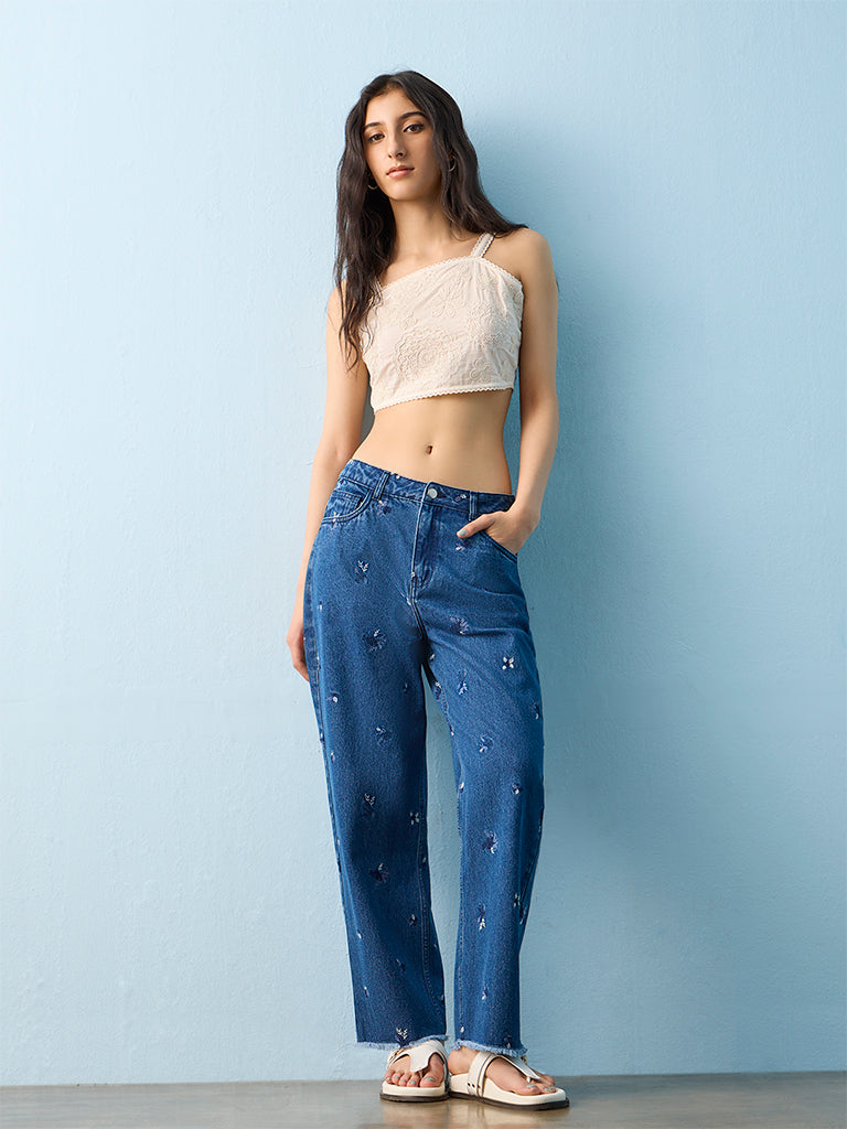 Bombay Paisley Mid Blue Floral Embroidered High-Rise Jeans