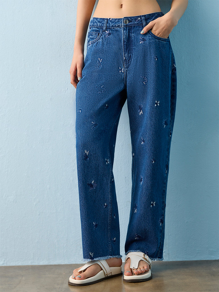 Bombay Paisley Mid Blue Floral Embroidered High-Rise Jeans